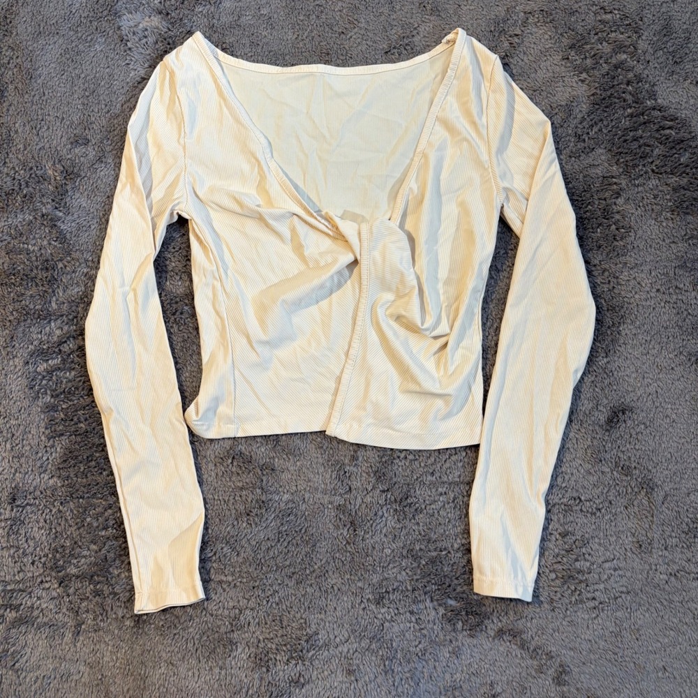 Unbranded Cream Ribbed Long Sleeve Twist‎ Front Deep V-Neck Cropped Top Womens S